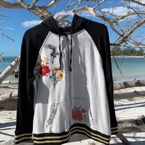 TORRID Embroidered Crane Floral Zip Up Hoodie Black Gray Gold Trim Size 1